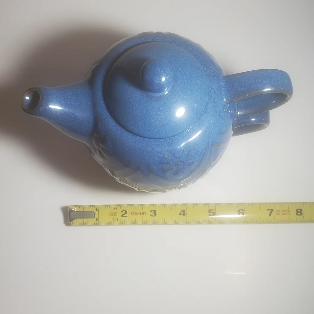 Vintage PIER 1 'Tea For One' Ceramic Stonewear Teapot Tea Cup Set Blue EUC